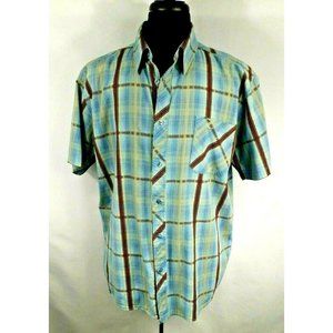 Double F Fire Flite Mens XL Short Sleeve Casual Dress Shirt Blue Brown Stripe
